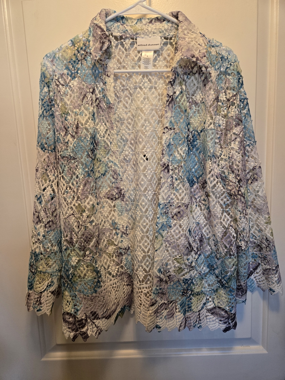 Alfred Dunner Lace Open-Front Cardigan in White, Purple, Blue, Green, Gray